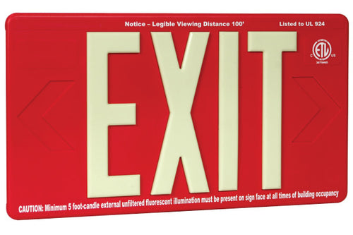 100' Photoluminescent Red Exit Sign - UL924 **Outdoor Rated**