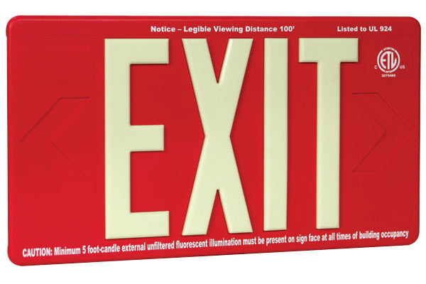 100' Photoluminescent Red Exit Sign - UL924 **Outdoor Rated**